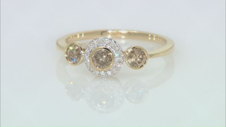 Champagne And White Diamond 14k Yellow Gold Three-Stone Ring 0.53ctw Video Thumbnail