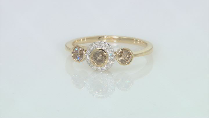 Champagne And White Diamond 14k Yellow Gold Three-Stone Ring 0.53ctw Video Thumbnail