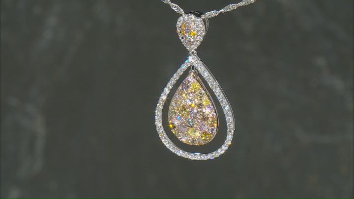 Multi-Color And White Diamond 14k White Gold Cluster Pendant With Singapore Chain 1.75ctw Video Thumbnail