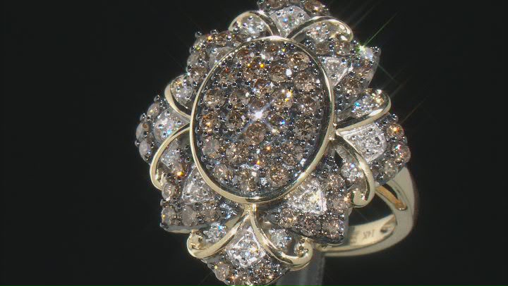 Champagne And White Diamond 14k Yellow Gold Cluster Ring 1.50ctw Video Thumbnail