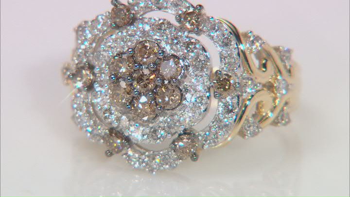 White And Champagne Diamond 14k Yellow Gold Cluster Ring 1.50ctw Video Thumbnail