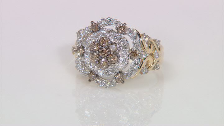 White And Champagne Diamond 14k Yellow Gold Cluster Ring 1.50ctw Video Thumbnail