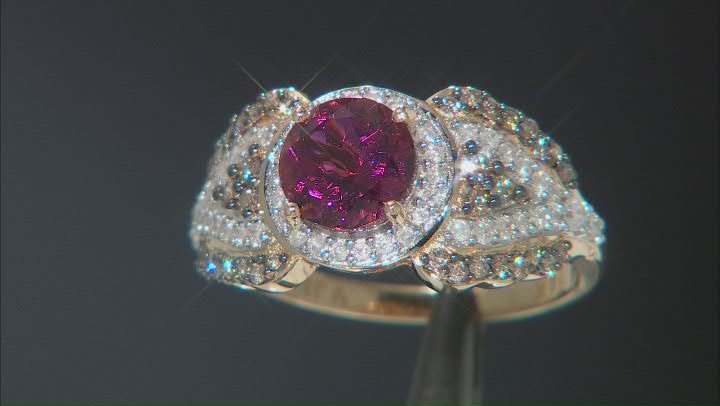 Pink Rubellite With White And Champagne Diamond 14k Yellow Gold Halo Ring 1.77ctw Video Thumbnail