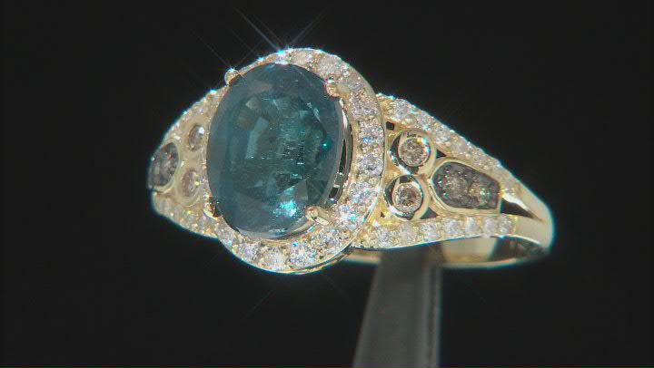 Teal Kyanite With White And Champagne Diamond 14k Yellow Gold Halo Ring 2.81ctw Video Thumbnail