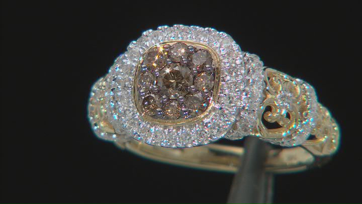 Champagne And White Diamond 14k Yellow Gold Cluster Ring 1.00ctw Video Thumbnail