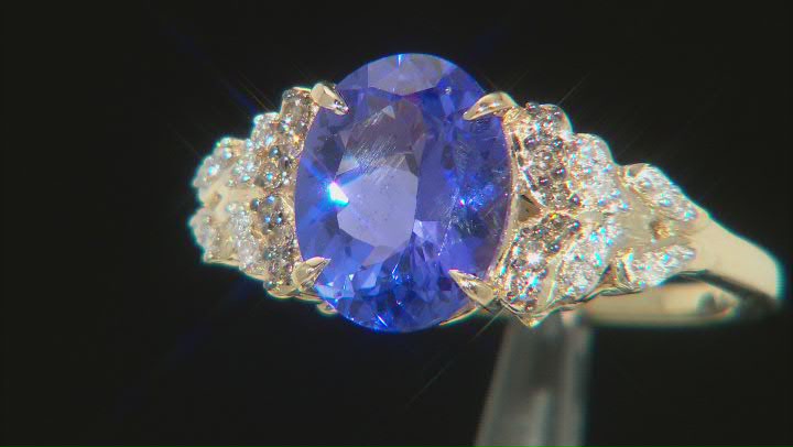 Blue Tanzanite, White, And Champagne Diamond 14k Yellow Gold Ring 2.44ctw Video Thumbnail