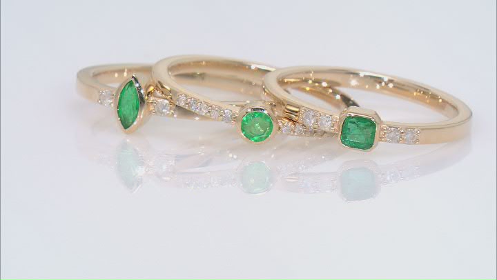 Zambian Emerald And White Diamond 14k Yellow Gold Set of 3 Stackable Rings 0.46ctw Video Thumbnail