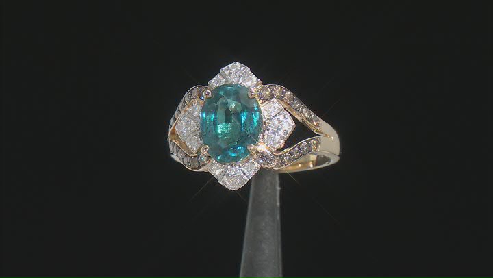 Teal Kyanite With Champagne And White Diamond 14k Yellow Gold Ring 2.45ctw Video Thumbnail