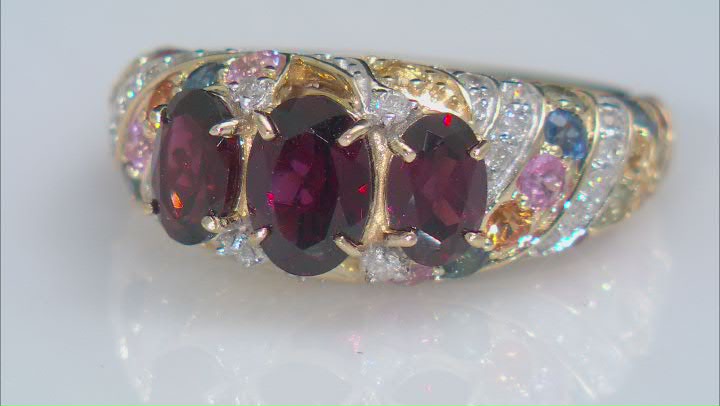 Rhodolite Garnet, Sapphire And Diamond 14k Yellow Gold Ring 3.17ctw Video Thumbnail