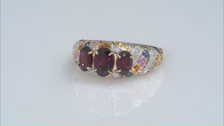 Rhodolite Garnet, Sapphire And Diamond 14k Yellow Gold Ring 3.17ctw Video Thumbnail