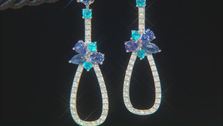 Tanzanite, White Diamond, Blue Neon Apatite And Blue Kyanite 14k White Gold Dangle Earrings 2.85ctw Video Thumbnail