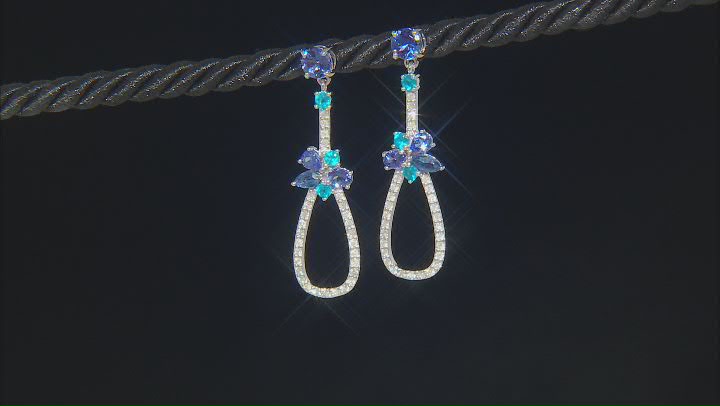 Tanzanite, White Diamond, Blue Neon Apatite And Blue Kyanite 14k White Gold Dangle Earrings 2.85ctw Video Thumbnail