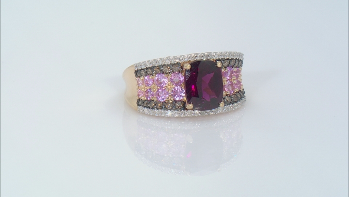 Rhodolite Garnet, Pink Sapphire, White And Champagne Diamond 14k Yellow Gold Ring 4.14ctw Video Thumbnail