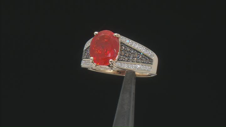 Mexican Fire Opal, Champagne & White Diamond 14k Yellow Gold Center Design Ring 2.08ctw Video Thumbnail
