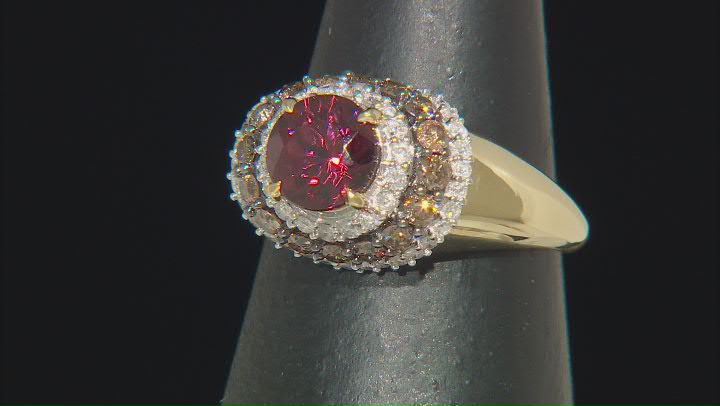 Red Zircon With Champagne And White Diamond 14k Yellow Gold Center Design Ring 3.05ctw Video Thumbnail