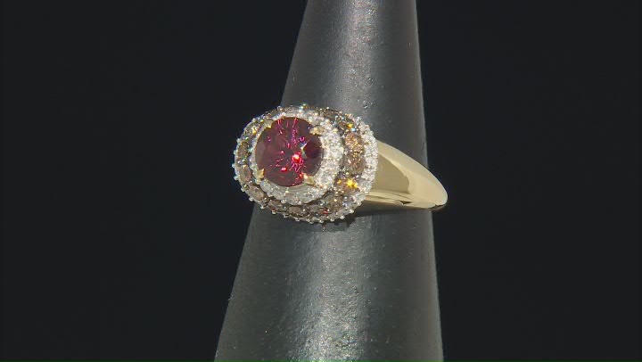 Red Zircon With Champagne And White Diamond 14k Yellow Gold Center Design Ring 3.05ctw Video Thumbnail