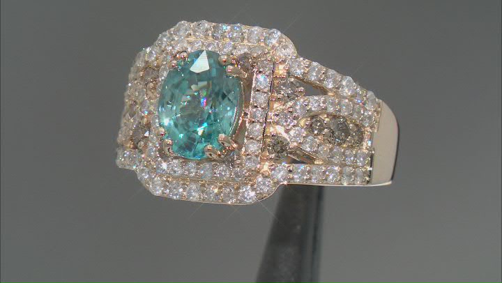 Blue Zircon With Champagne And White Diamond 14k Yellow Gold Halo Ring 3.07ctw Video Thumbnail