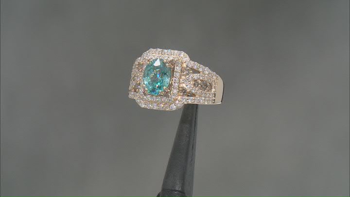 Blue Zircon With Champagne And White Diamond 14k Yellow Gold Halo Ring 3.07ctw Video Thumbnail