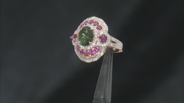 Green Tourmaline And Rhodolite With White Diamond 14k Yellow Gold Cocktail Ring 3.44ctw. Video Thumbnail