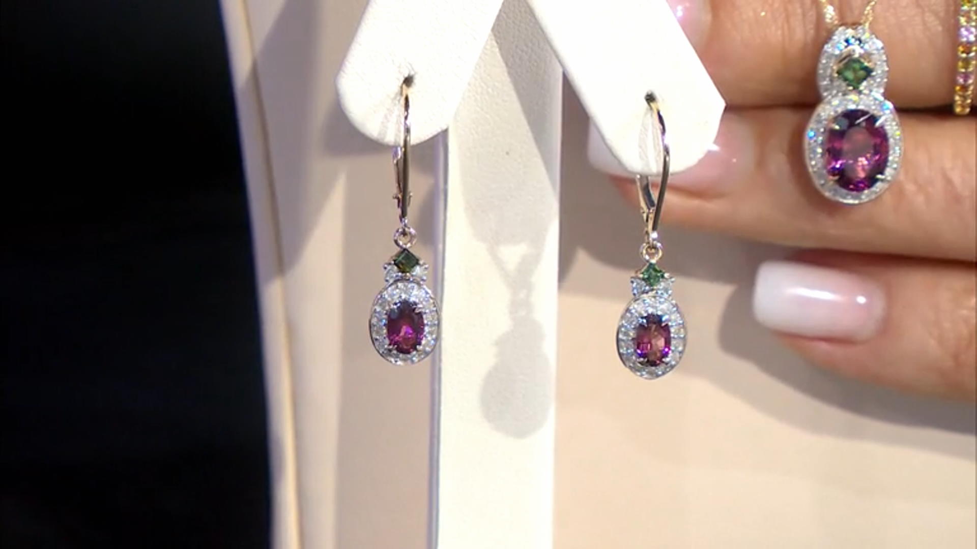 Pink And Green Tourmaline With White Diamond 14k Yellow Gold Dangle Earrings 1.27ctw Video Thumbnail