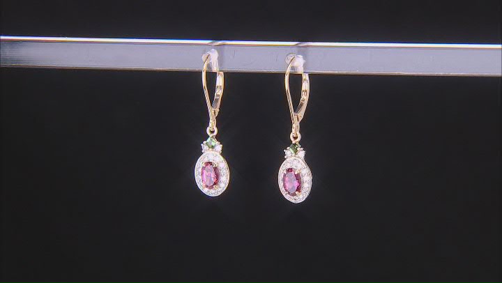 Pink And Green Tourmaline With White Diamond 14k Yellow Gold Dangle Earrings 1.27ctw Video Thumbnail