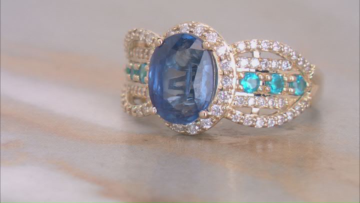 Kyanite With Neon Apatite And White Diamond 14k Yellow Gold Halo Ring 2.75ctw Video Thumbnail