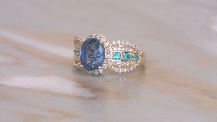 Kyanite With Neon Apatite And White Diamond 14k Yellow Gold Halo Ring 2.75ctw Video Thumbnail