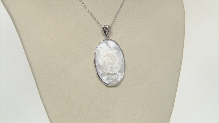 White Mother-Of-Pearl Rhodium Over Sterling Silver Hand Carved Rose Pendant With Chain Video Thumbnail