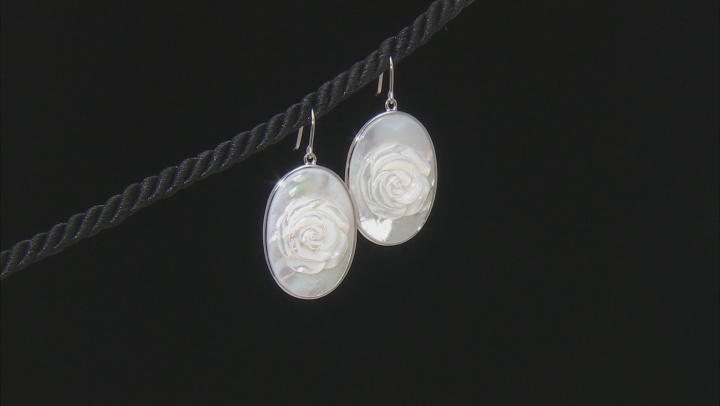 White Mother-Of-Pearl Hand Carved Rose Rhodium Over Sterling Silver Earrings Video Thumbnail