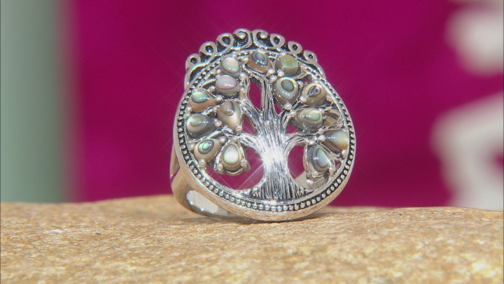 Multicolor Abalone Shell Tree Of Life Sterling Silver Ring 