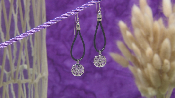Rhodium Over Silver Flower Design With Imitation Leather Cord Dangle Earrings Video Thumbnail