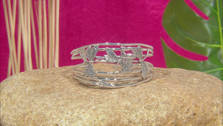 Pacific Style™ Dragonfly Rhodium Over Sterling Silver Cuff Bracelet Video Thumbnail
