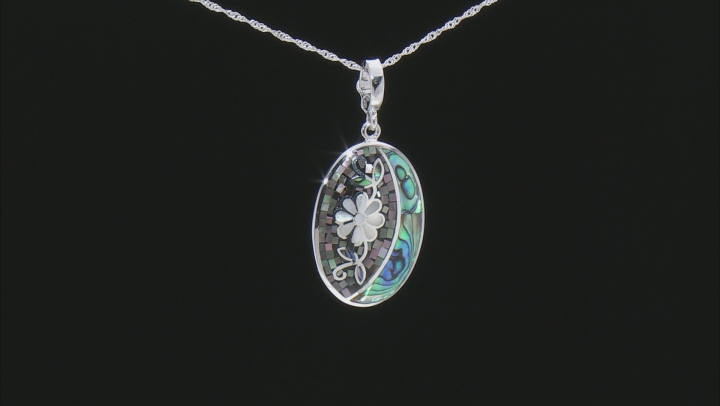 White and Gray Mother-of-Pearl & Abalone Shell Sterling Silver Mosaic Enhancer with Chain Video Thumbnail