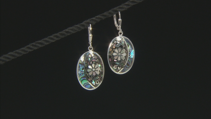 Gray and White Mother-of-Pearl with Abalone Shell Rhodium Over Silver Mosaic Dangle Earrings