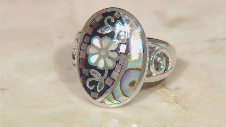 Gray & White Mother of Pearl and Multi Color Abalone Shell Sterling Silver Mosaic Ring Video Thumbnail