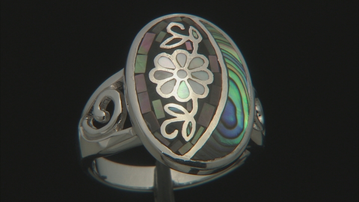 Gray & White Mother of Pearl and Multi Color Abalone Shell Sterling Silver Mosaic Ring Video Thumbnail
