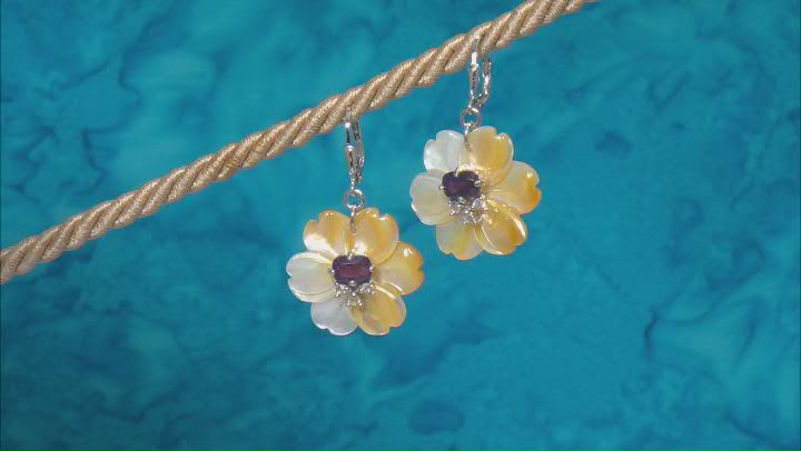 Golden Mother-of-Pearl, Amethyst & White Zircon Rhodium Over Sterling Silver Flower Earrings 1.94ctw Video Thumbnail