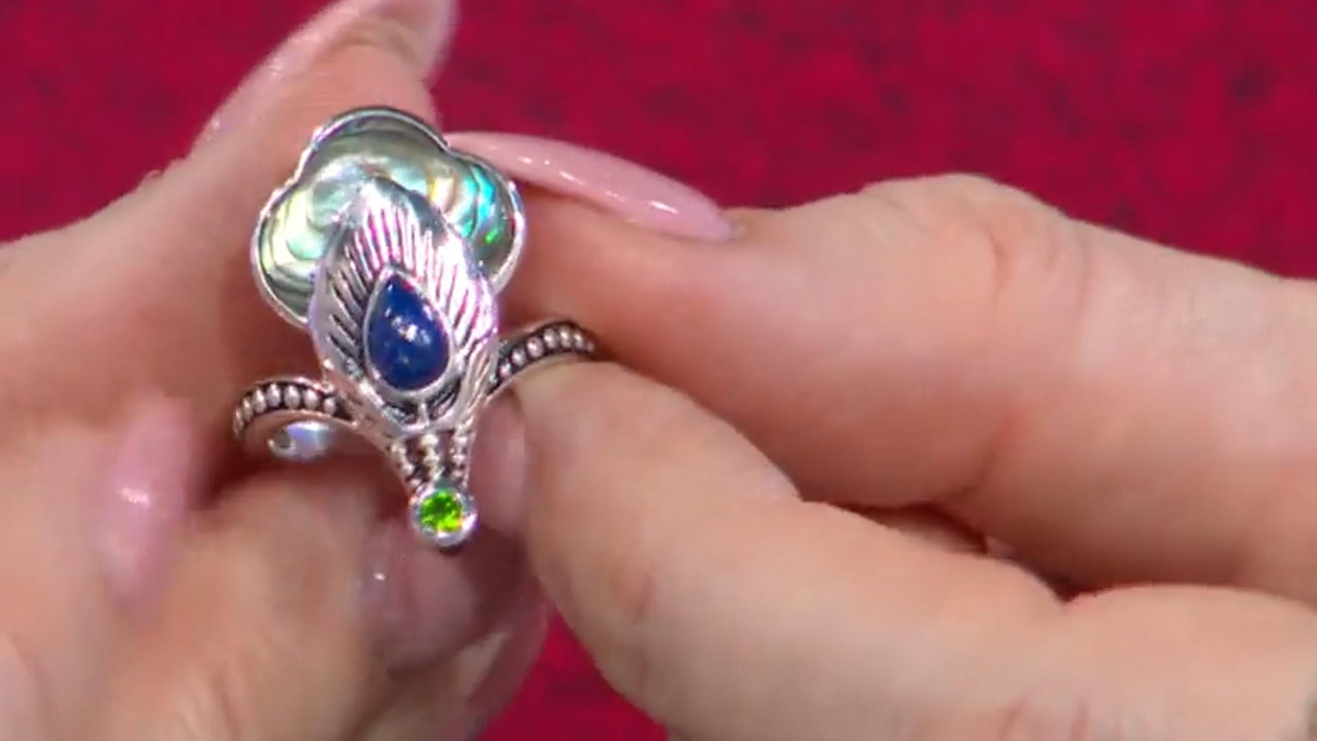 Abalone Shell, Lapis Lazuli, & Chrome Diopside Sterling Silver Peacock Feather Ring 0.07ct Video Thumbnail