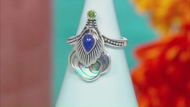 Abalone Shell, Lapis Lazuli, & Chrome Diopside Sterling Silver Peacock Feather Ring 0.07ct Video Thumbnail