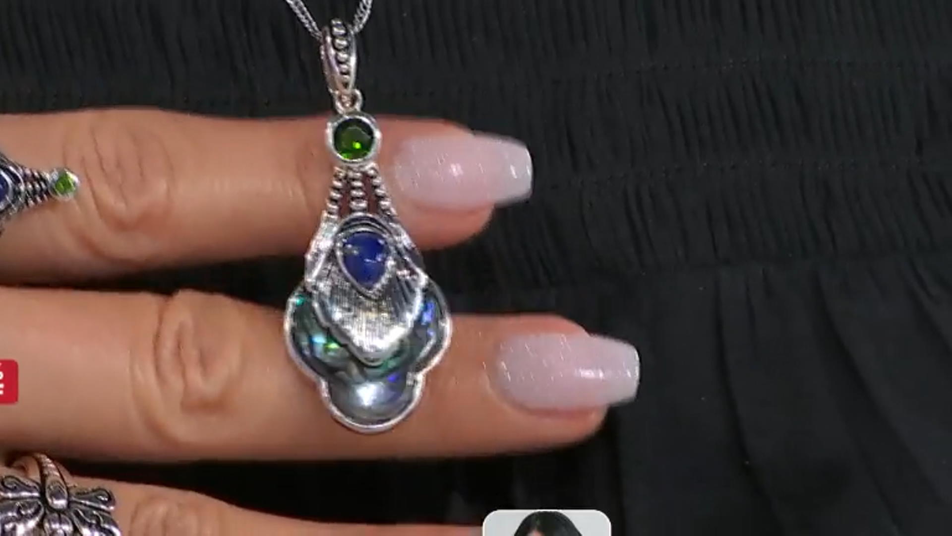 Abalone Shell, Lapis Lazuli, & Chrome Diopside Silver Peacock Feather Enhancer With Chain 0.66ct Video Thumbnail