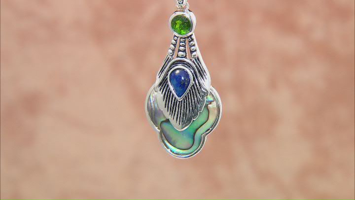 Abalone Shell, Lapis Lazuli, & Chrome Diopside Silver Peacock Feather Enhancer With Chain 0.66ct Video Thumbnail