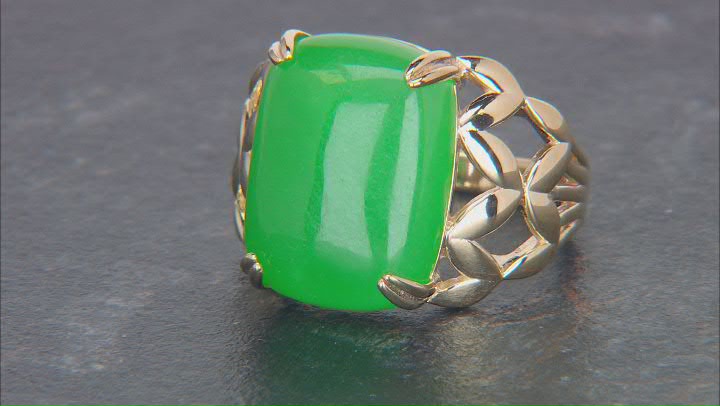 Green Jadeite 18K Yellow Gold Over Sterling Silver Open Side Detail Ring 16x12mm Video Thumbnail
