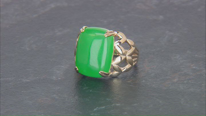 Green Jadeite 18K Yellow Gold Over Sterling Silver Open Side Detail Ring 16x12mm Video Thumbnail