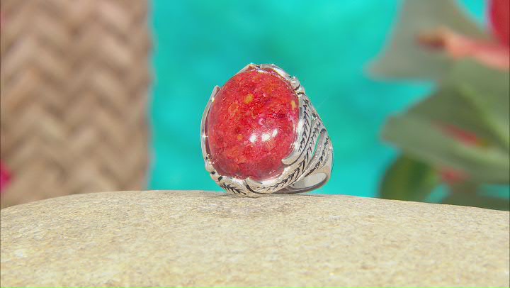 Red Coral Sterling Silver leaf Design Ring Video Thumbnail