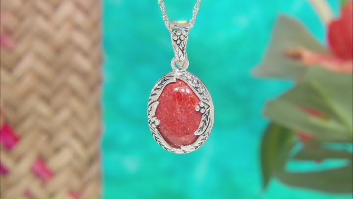 Red Coral Sterling Silver leaf Design Enhancer With 18" Chain Video Thumbnail