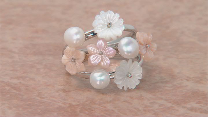 Pink & White Mother-Of-Pearl & Cultured Freshwater Pearl Rhodium Over Silver Ring Video Thumbnail