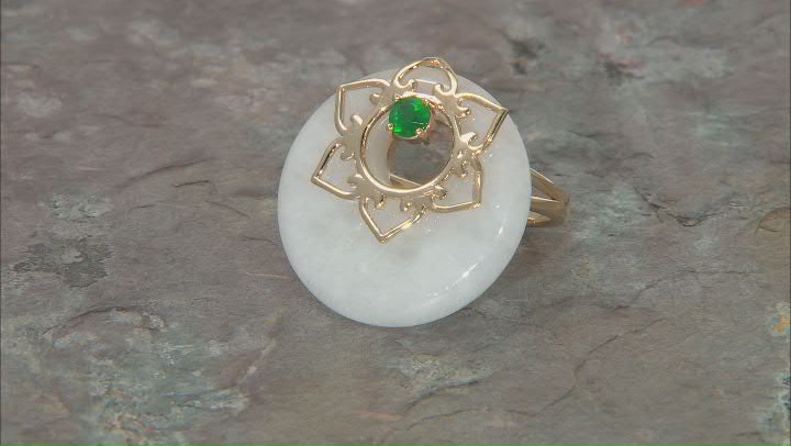 White Jadeite and Round Green Onyx 18k Yellow Gold Over Silver Ring Video Thumbnail