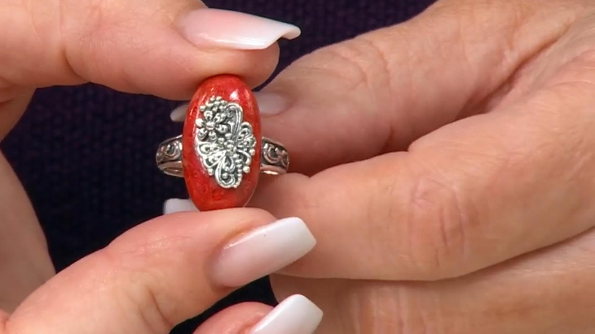 Red Coral Sterling Silver Dragonfly Floral Ring Video Thumbnail