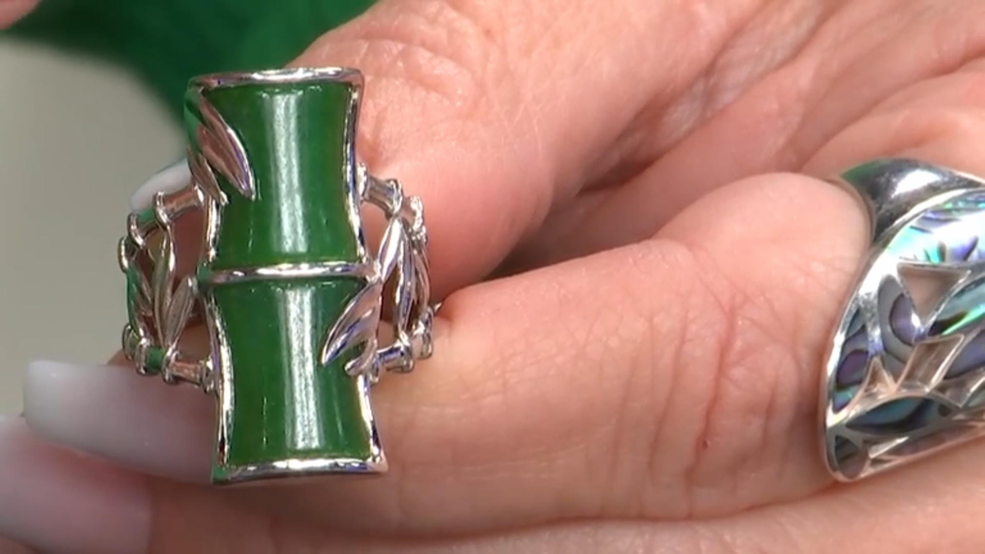 Green Jadeite Bamboo Inspired Rhodium Over Sterling Silver Ring Video Thumbnail