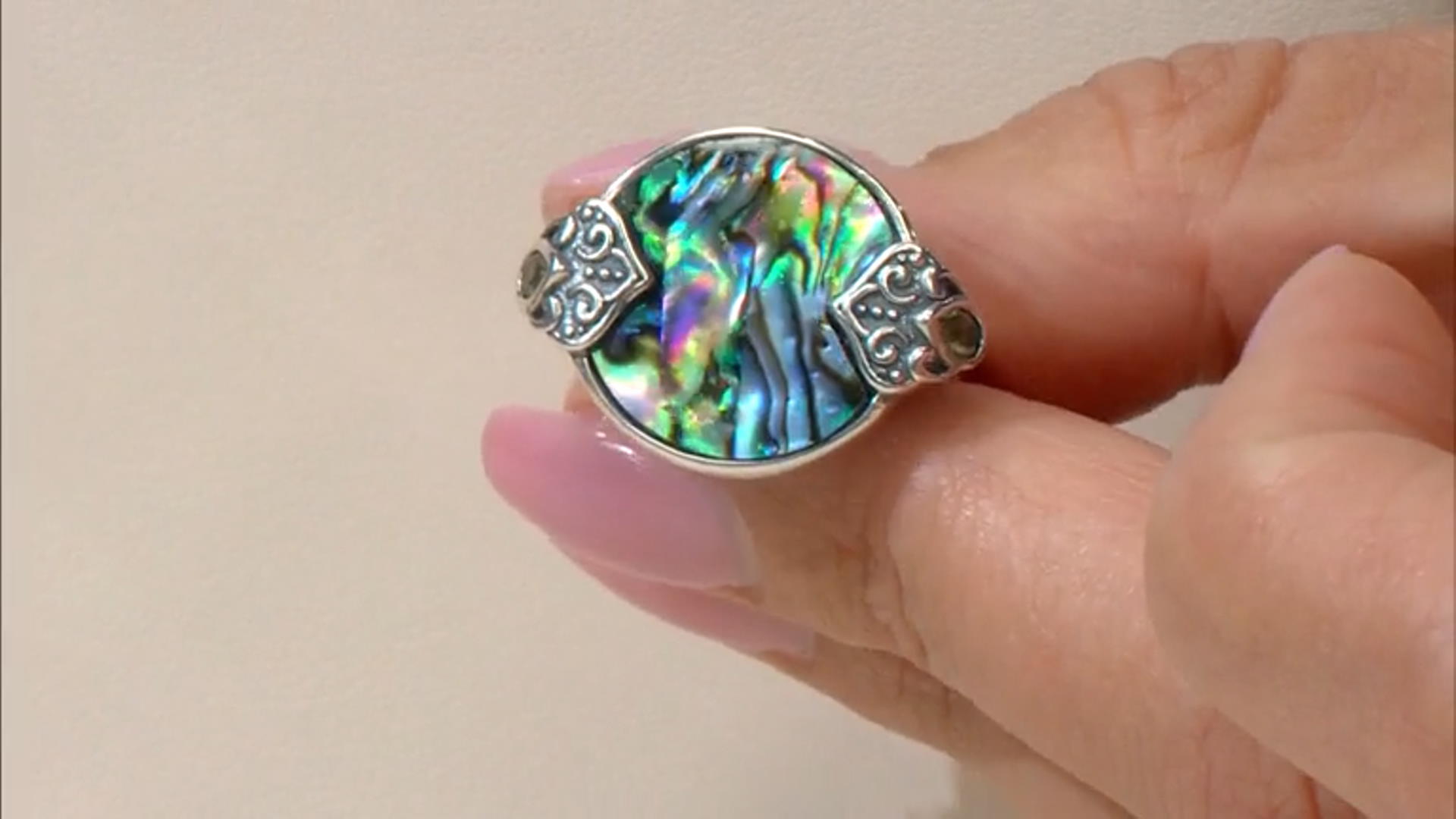 Multi Color Abalone Shell Sterling Silver Oxidized Ring 0.27ctw Video Thumbnail